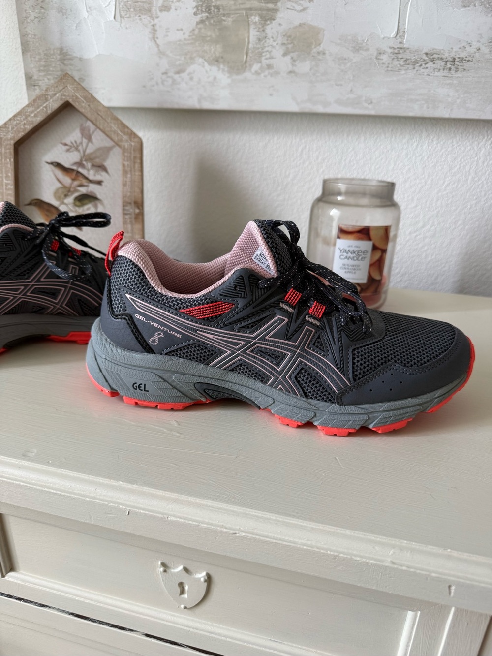 Asics Dark Gray and Coral Pink Trail Running Sneakers - Picture 2 of 13